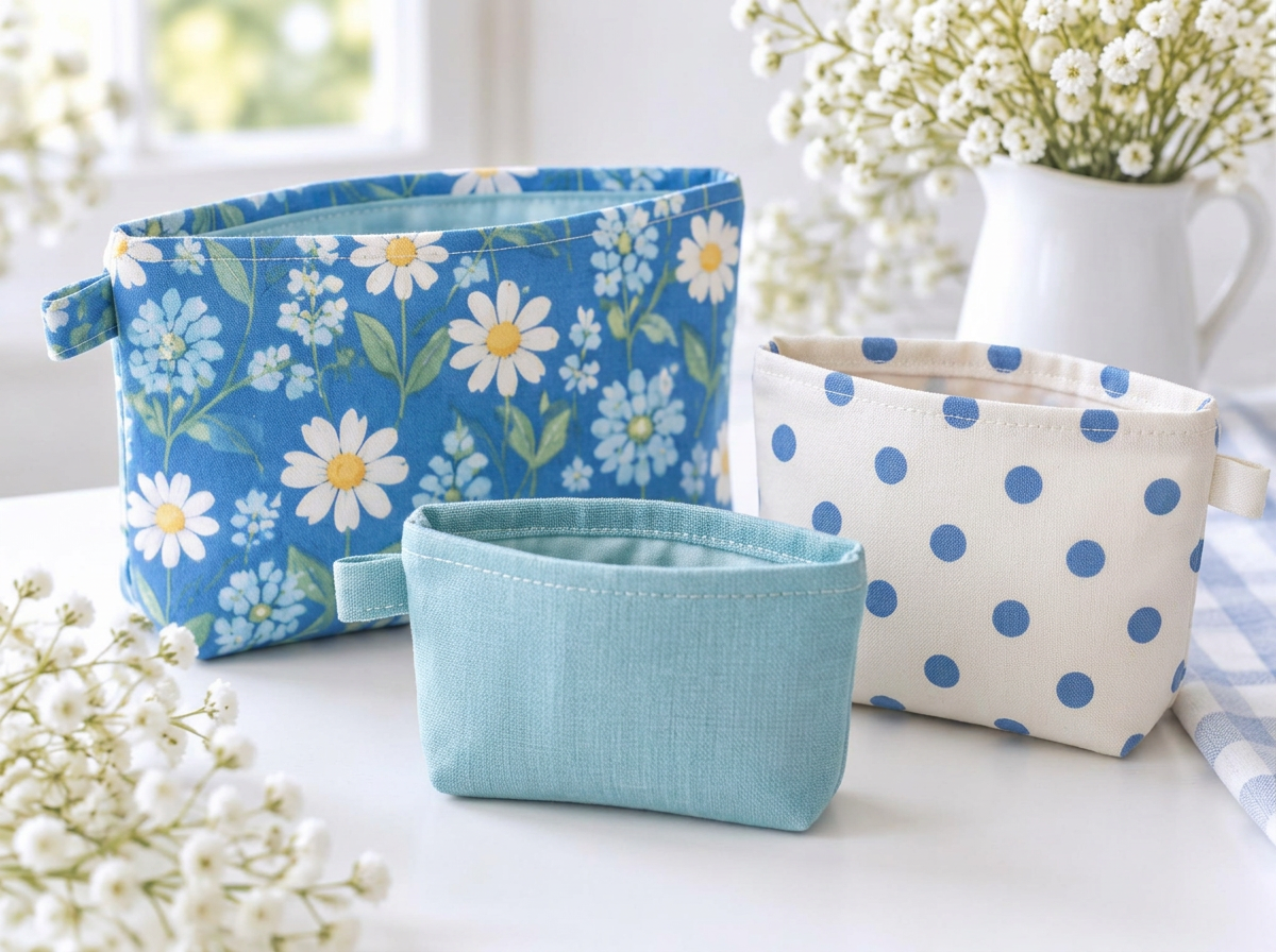 Cartie's blue floral, aqua, and polka dot open-top handmade pouches